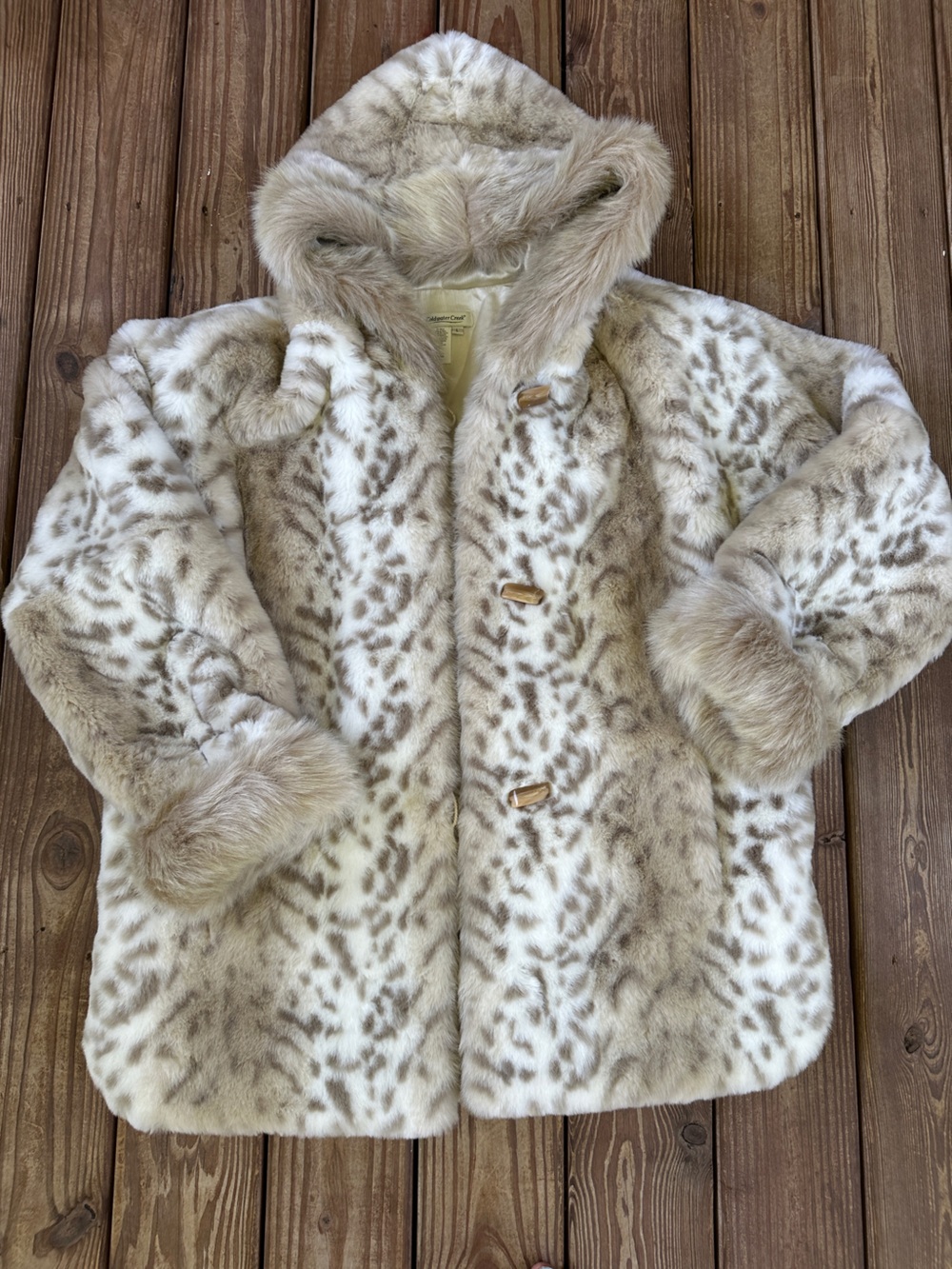 Coldwater Creek Faux Fur Leopard Print Hooded Coat Large